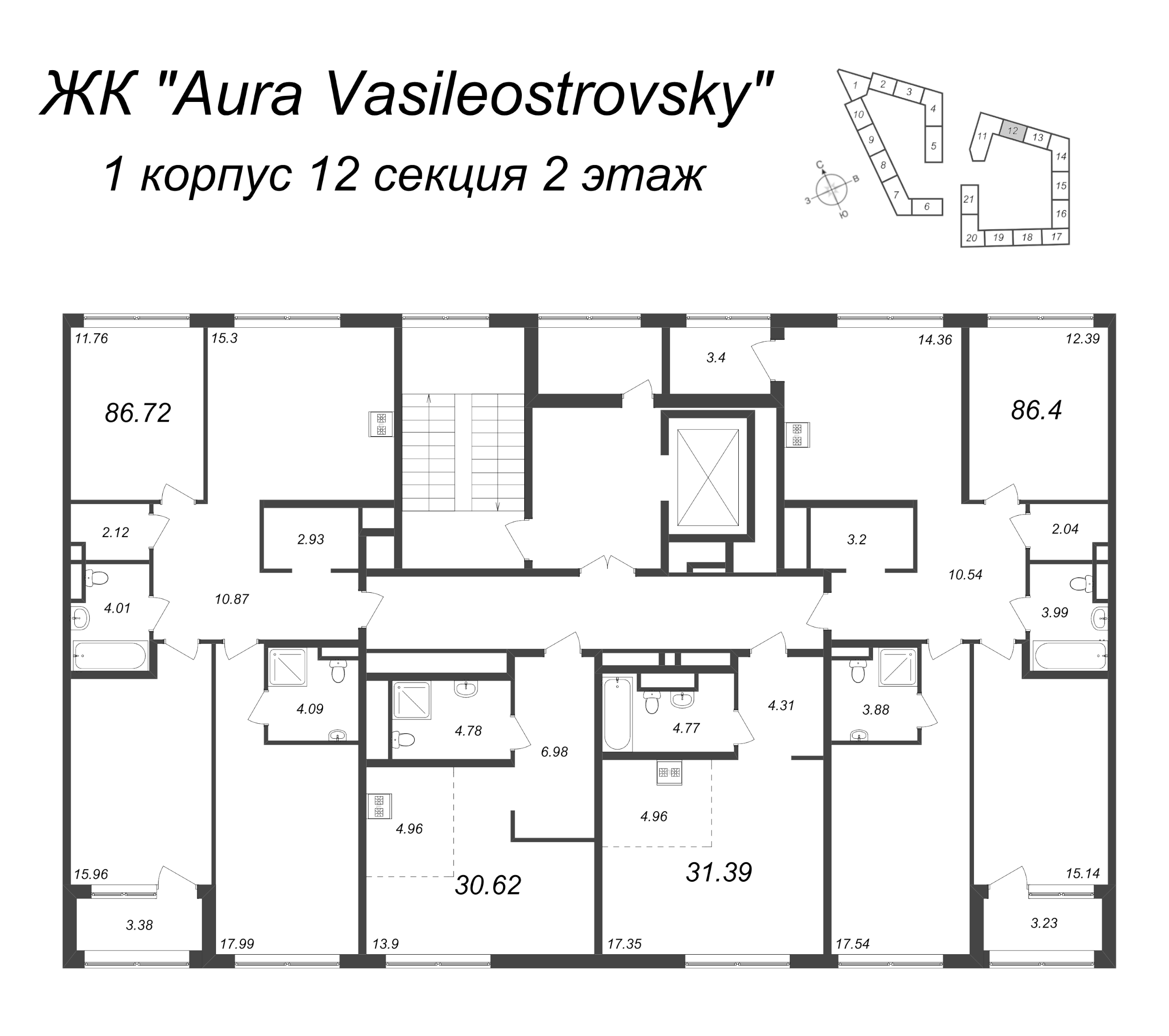 Квартира-студия, 31.39 м² в ЖК "GloraX Premium Василеостровский" - планировка этажа