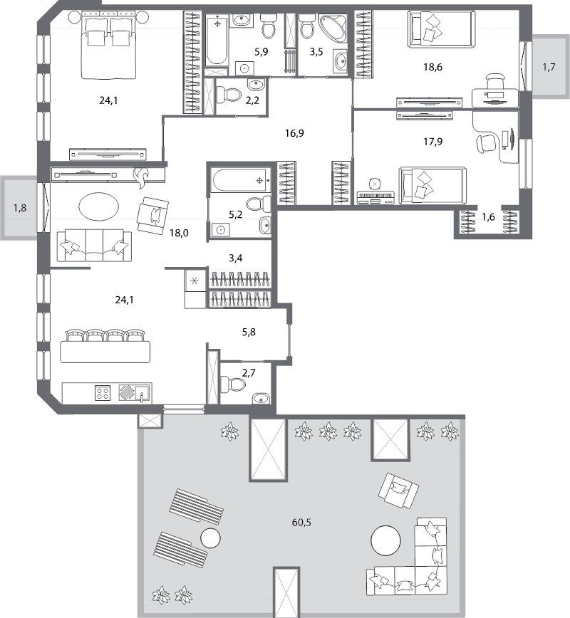 4-комнатная квартира, 169.2 м² - планировка, фото №1