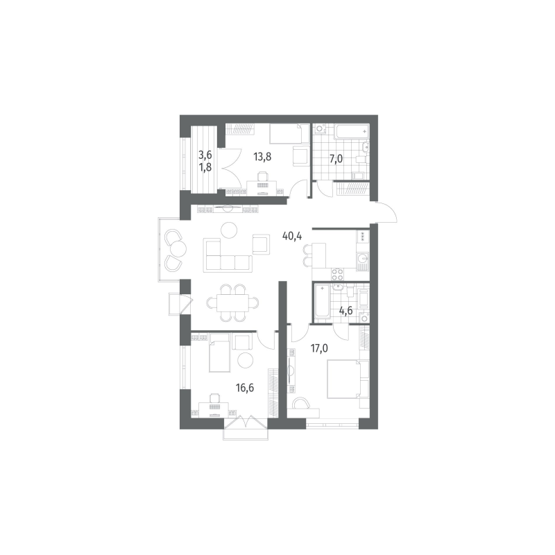 4-комнатная (Евро) квартира, 109.24 м² в ЖК "Наука" - планировка, фото №1