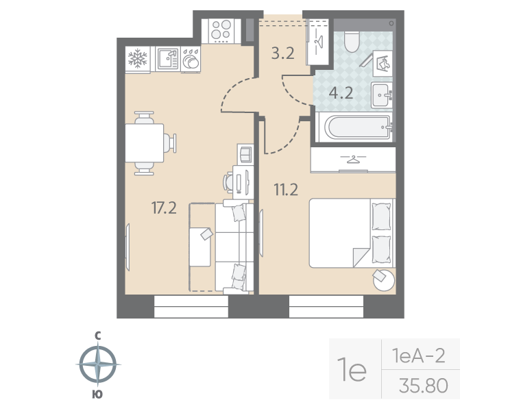 2-комнатная (Евро) квартира, 35.8 м² в ЖК "Большая Охта" - планировка, фото №1