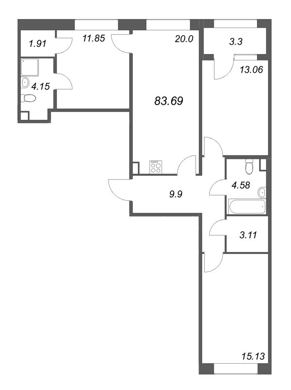 4-комнатная (Евро) квартира, 83.69 м² в ЖК "Дом на Курской" - планировка, фото №1