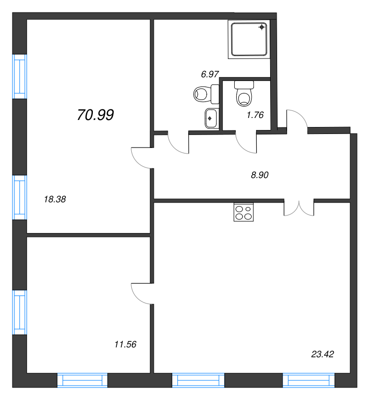 3-комнатная (Евро) квартира, 70.99 м² - планировка, фото №1