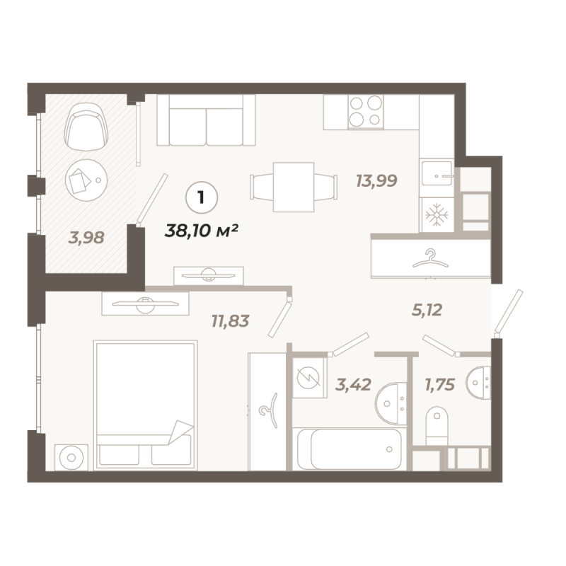 1-комнатная квартира, 38.1 м² в ЖК "Знатный" - планировка, фото №1