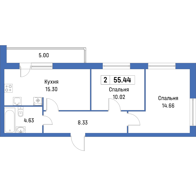 3-комнатная (Евро) квартира, 55.44 м² - планировка, фото №1