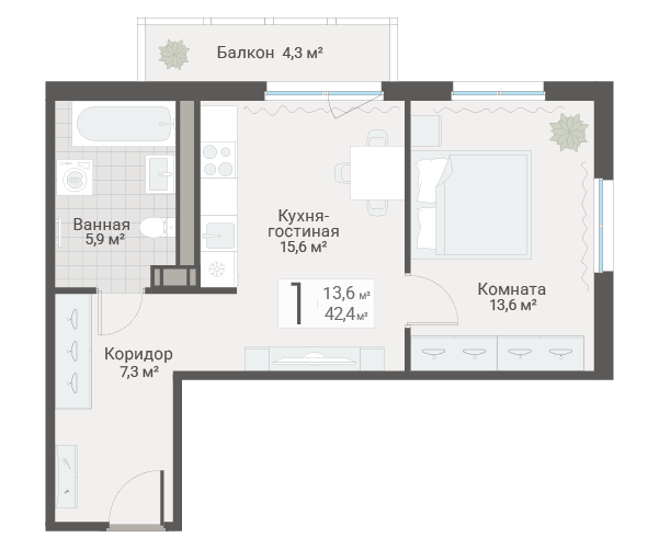 2-комнатная (Евро) квартира, 42.4 м² в ЖК "Руднева 15" - планировка, фото №1