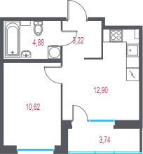 1-комнатная квартира, 33.49 м² в ЖК "Город-спутник Южный" - планировка, фото №1