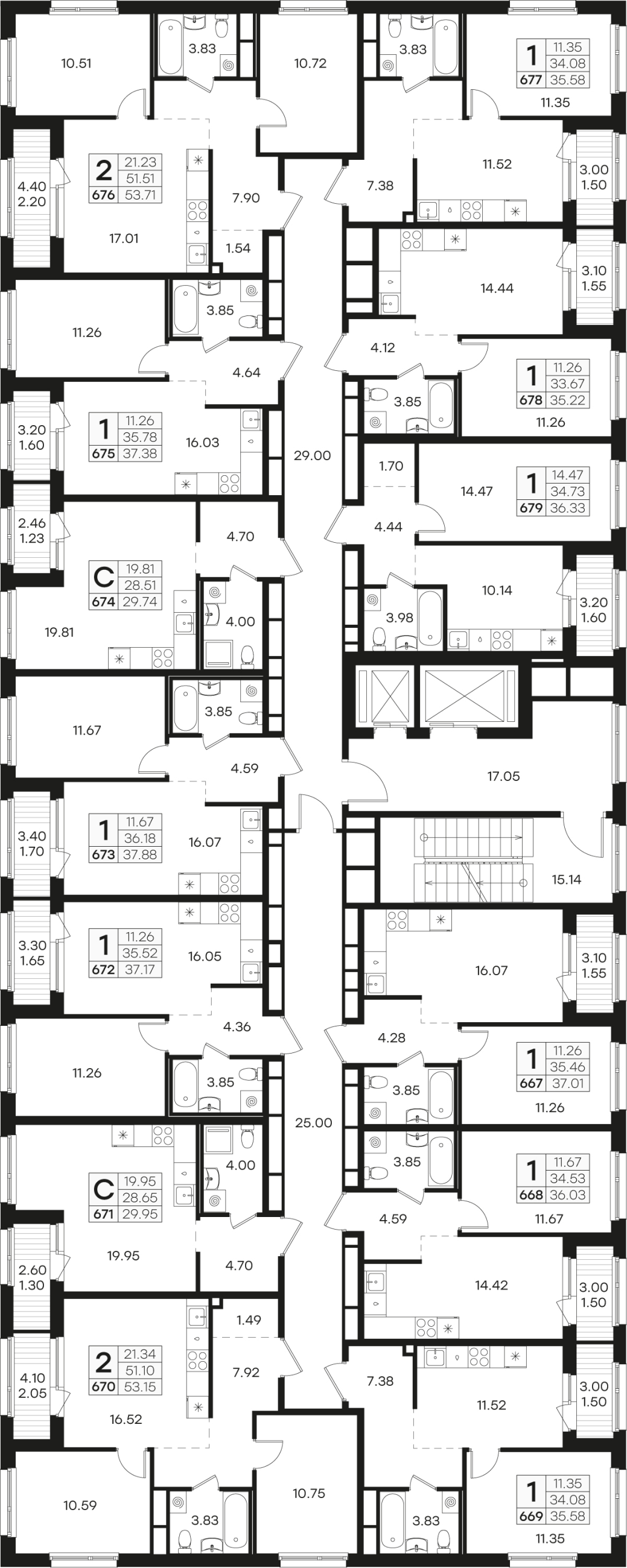 3-комнатная (Евро) квартира, 52.86 м² в ЖК "Парголово" - планировка этажа
