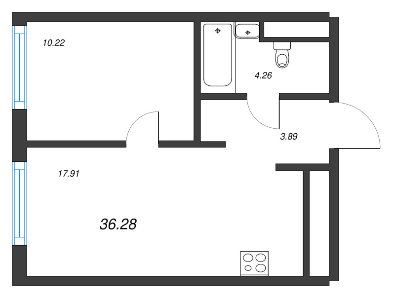 2-комнатная (Евро) квартира, 36.28 м² - планировка, фото №1