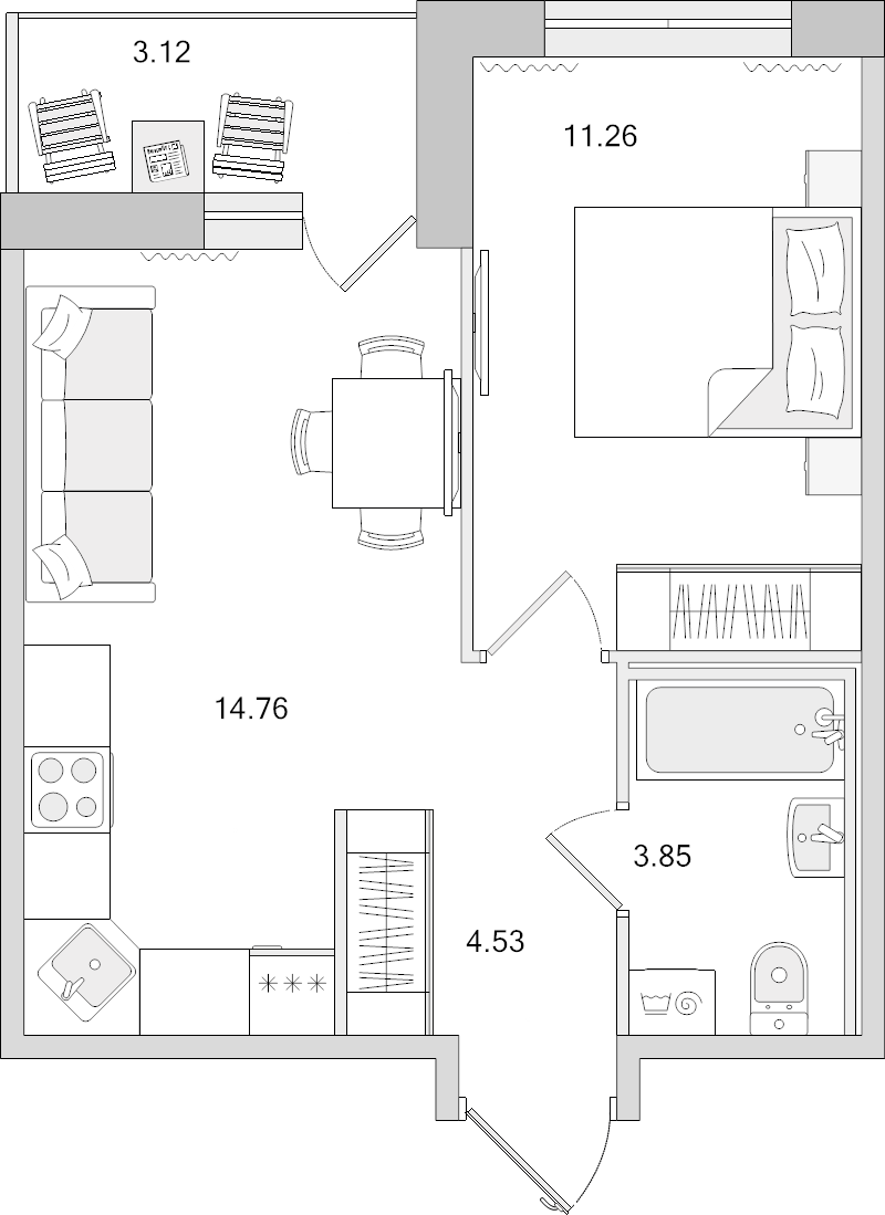 2-комнатная (Евро) квартира, 34.4 м² - планировка, фото №1