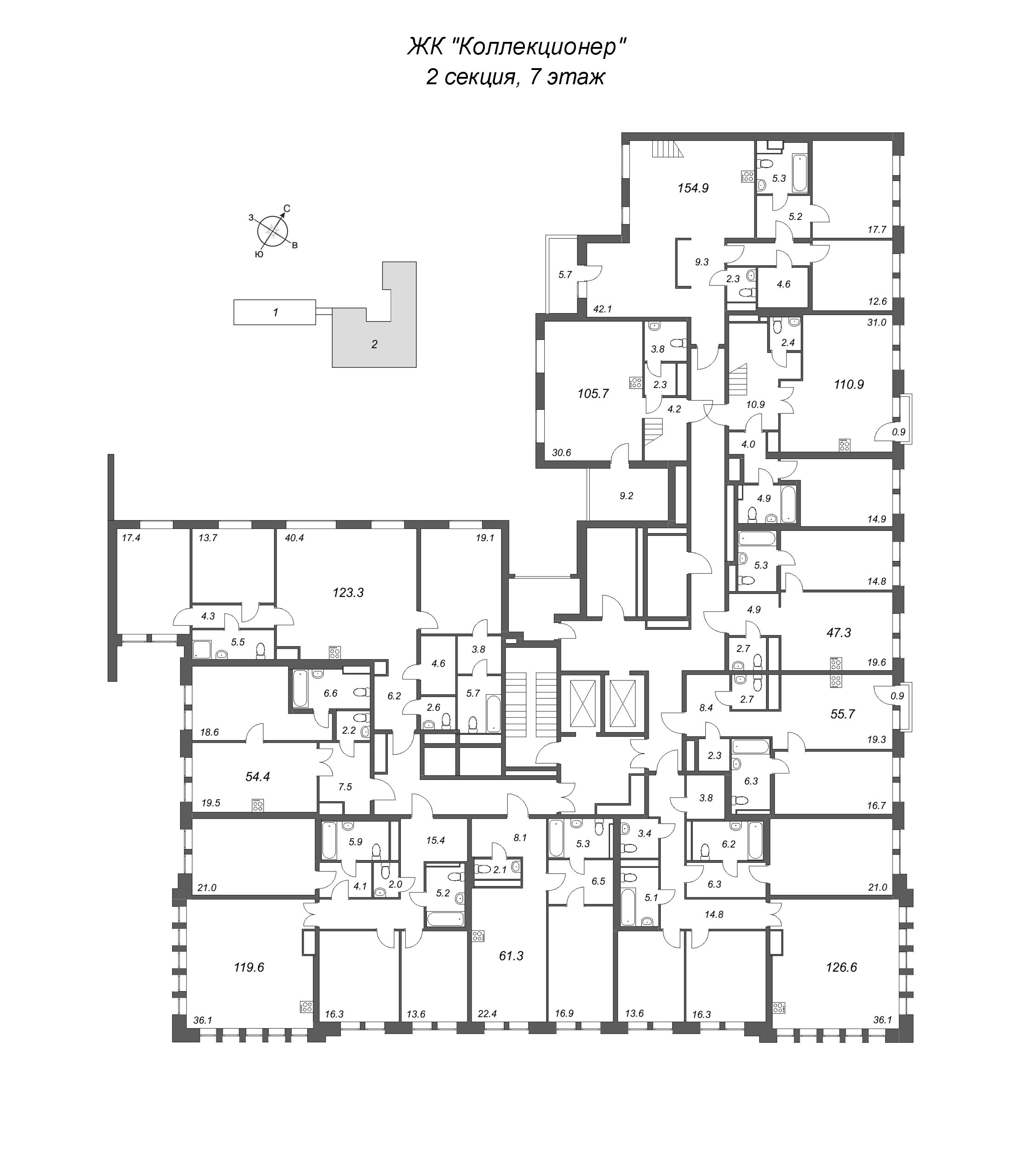 2-комнатная (Евро) квартира, 54.4 м² в ЖК "Коллекционер" - планировка этажа