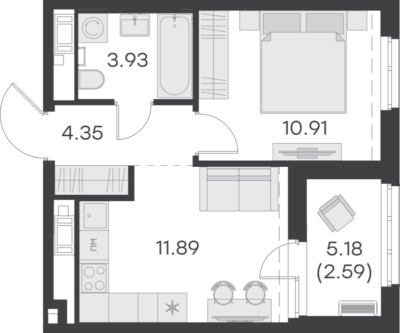 1-комнатная квартира, 33.67 м² - планировка, фото №1