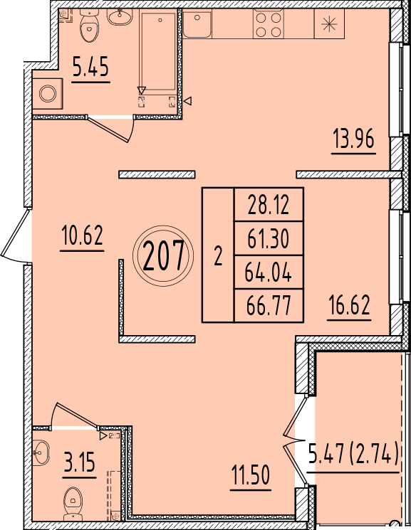 2-комнатная квартира, 61.3 м² в ЖК "Образцовый квартал 6.4" - планировка, фото №1