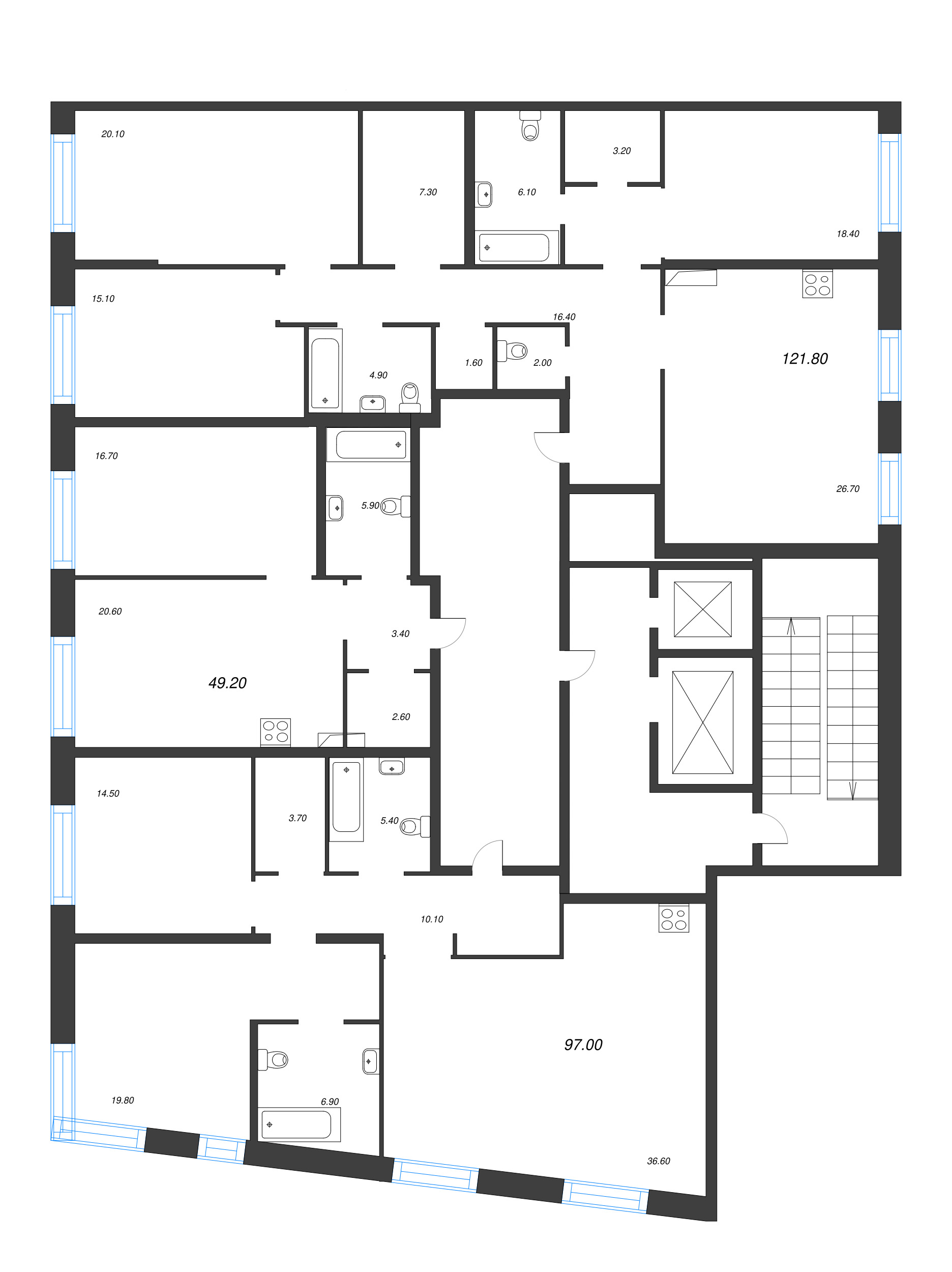 2-комнатная (Евро) квартира, 49.2 м² в ЖК "ЛДМ" - планировка этажа