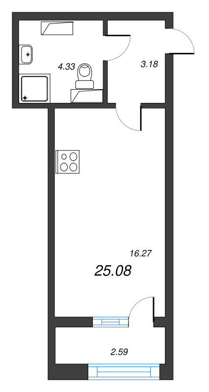 Квартира-студия, 25.08 м² в ЖК "БелАрт" - планировка, фото №1