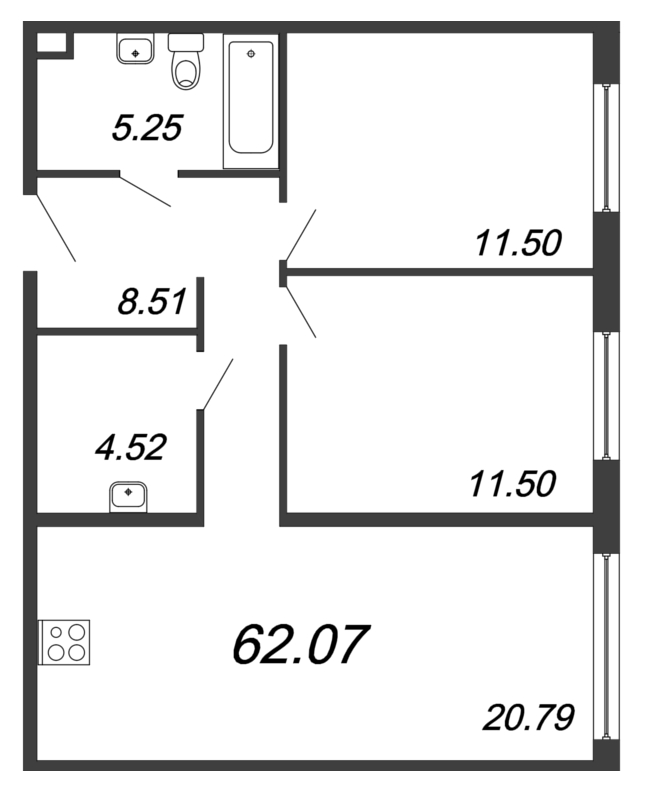 3-комнатная (Евро) квартира, 62.07 м² - планировка, фото №1