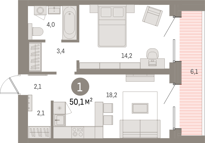 2-комнатная (Евро) квартира, 50.1 м² в ЖК "Северный ветер" - планировка, фото №1