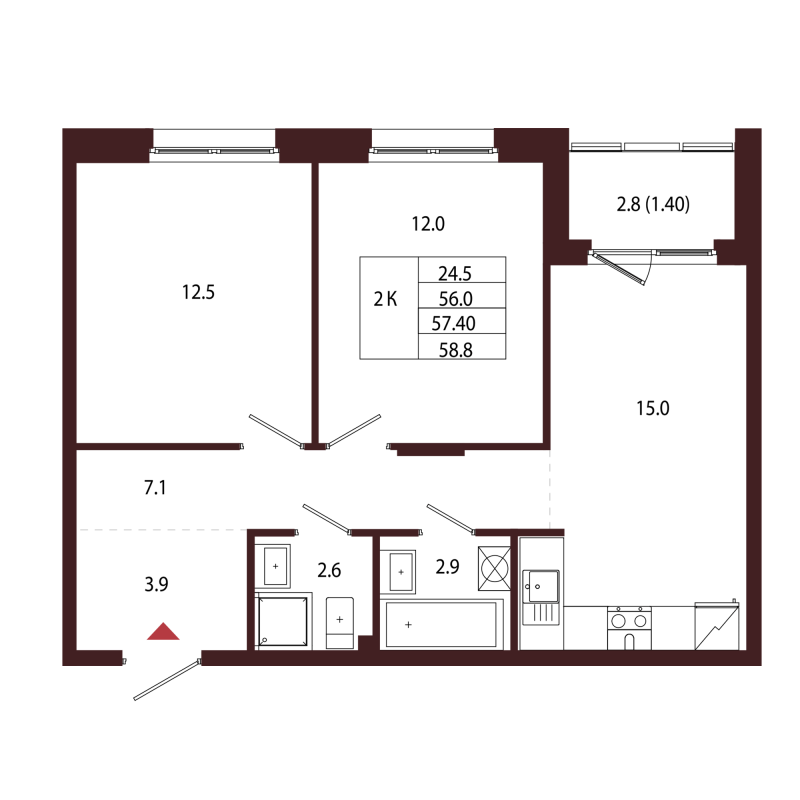 3-комнатная (Евро) квартира, 57.4 м² в ЖК "Лисино" - планировка, фото №1