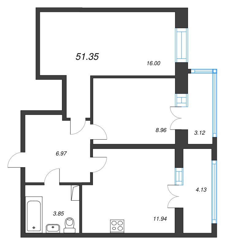 2-комнатная квартира, 51.35 м² - планировка, фото №1