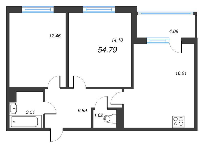 3-комнатная (Евро) квартира, 54.79 м² - планировка, фото №1