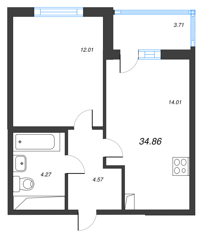 1-комнатная квартира, 34.86 м² в ЖК "Ясно.Янино" - планировка, фото №1