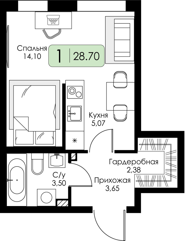 Квартира-студия, 28.7 м² в ЖК "Всевгород" - планировка, фото №1