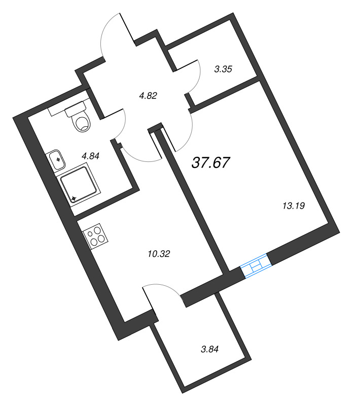 1-комнатная квартира, 37.67 м² в ЖК "Рощино Residence" - планировка, фото №1