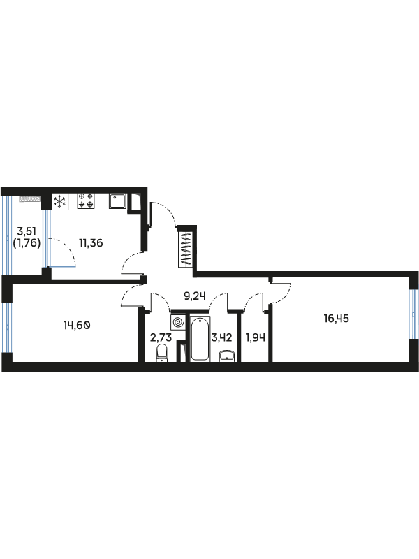 2-комнатная квартира, 61.59 м² в ЖК "Дом Регенбоген" - планировка, фото №1