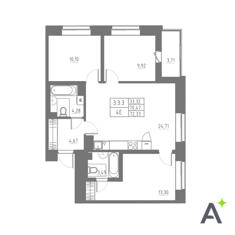 4-комнатная (Евро) квартира, 72.33 м² в ЖК "Аквилон Solar" - планировка, фото №1