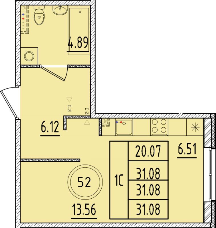 Квартира-студия, 31.08 м² - планировка, фото №1