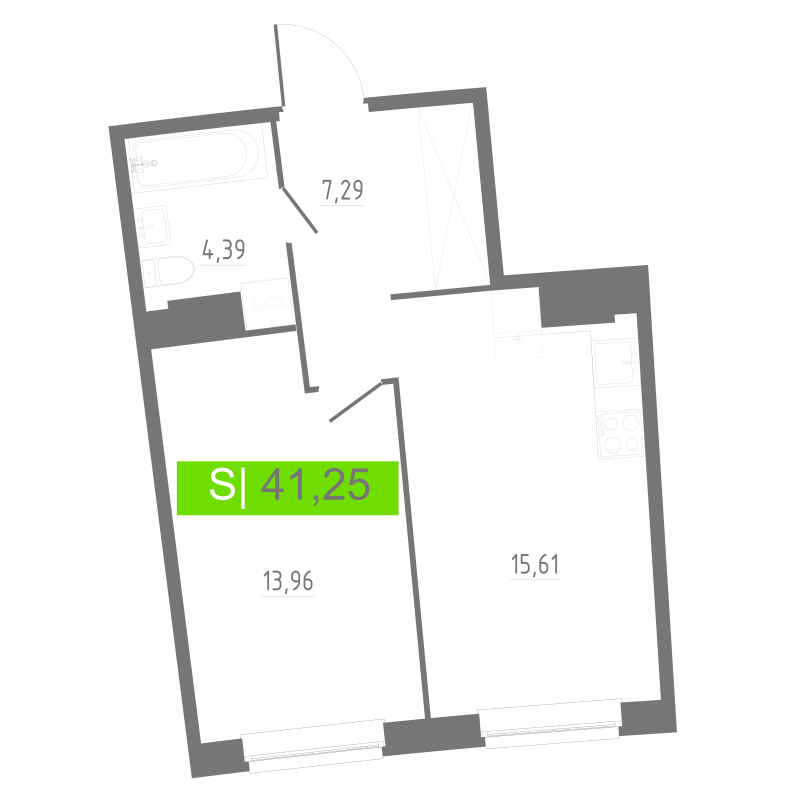 2-комнатная (Евро) квартира, 41.25 м² в ЖК "Аквилон РИВА" - планировка, фото №1