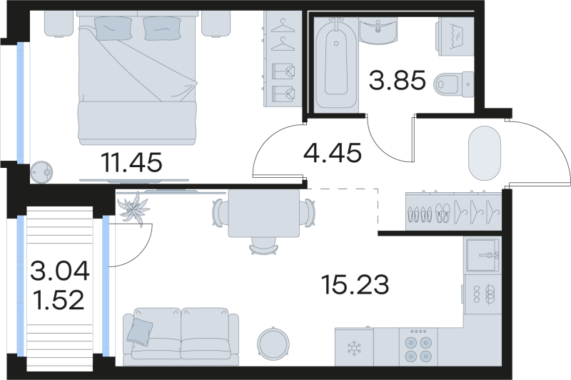 2-комнатная (Евро) квартира, 36.5 м² в ЖК "GloraX Парголово" - планировка, фото №1