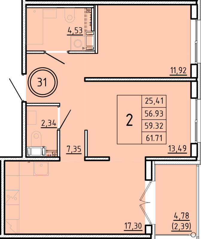 3-комнатная (Евро) квартира, 56.93 м² - планировка, фото №1