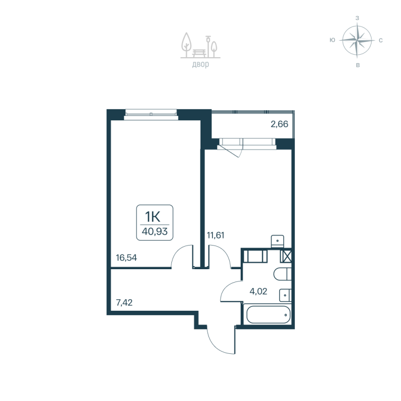 1-комнатная квартира, 40.93 м² в ЖК "Расцветай в Янино" - планировка, фото №1