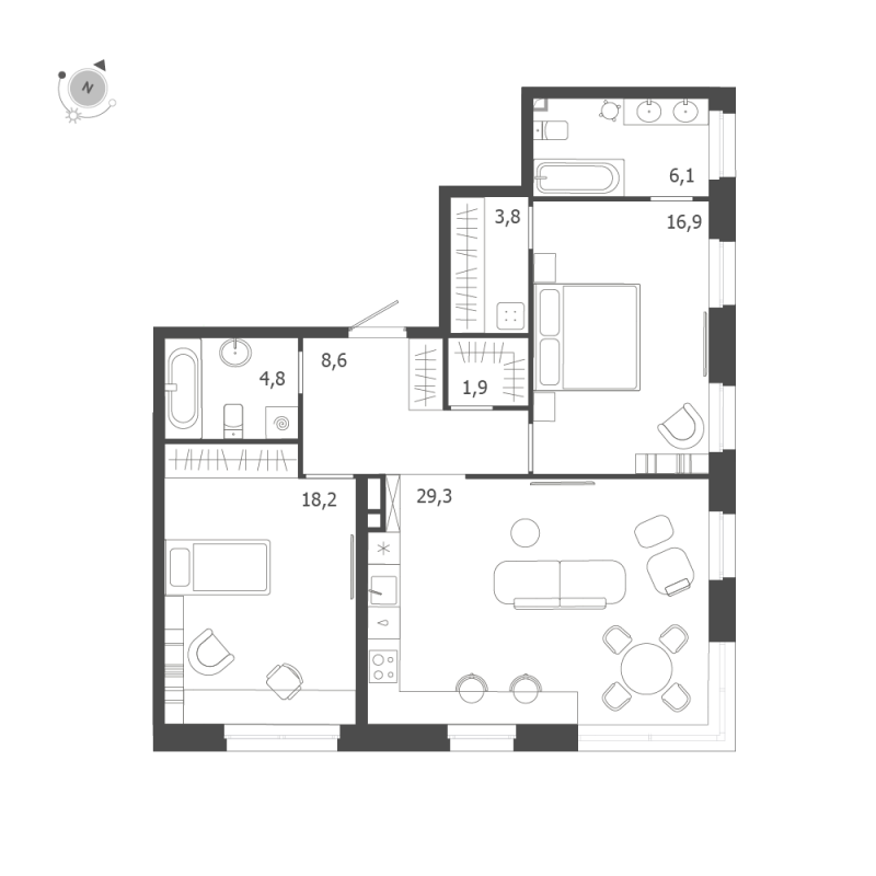 3-комнатная (Евро) квартира, 89.6 м² в ЖК "ЛДМ" - планировка, фото №1