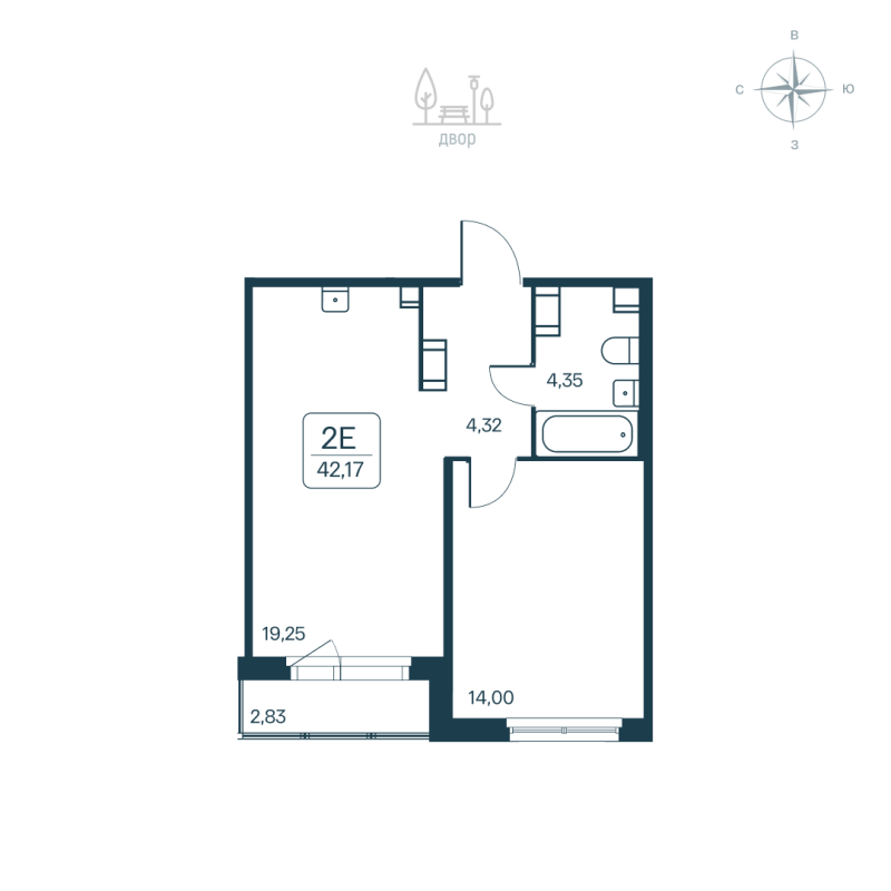 2-комнатная (Евро) квартира, 42.77 м² - планировка, фото №1