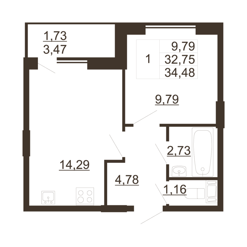 1-комнатная квартира, 34.48 м² - планировка, фото №1