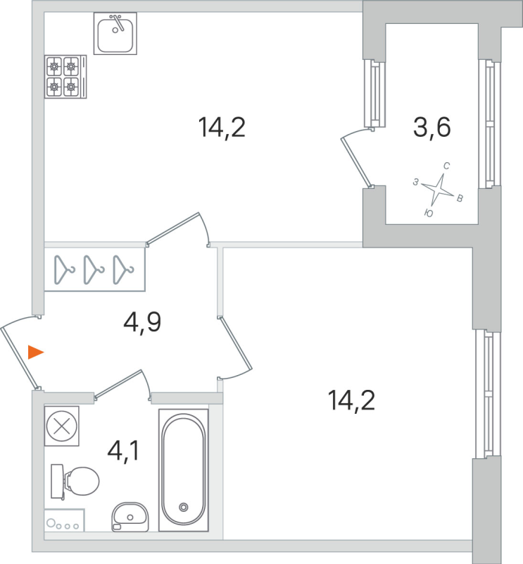 1-комнатная квартира, 37.4 м² - планировка, фото №1