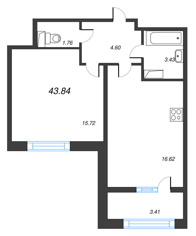 2-комнатная (Евро) квартира, 43.84 м² - планировка, фото №1