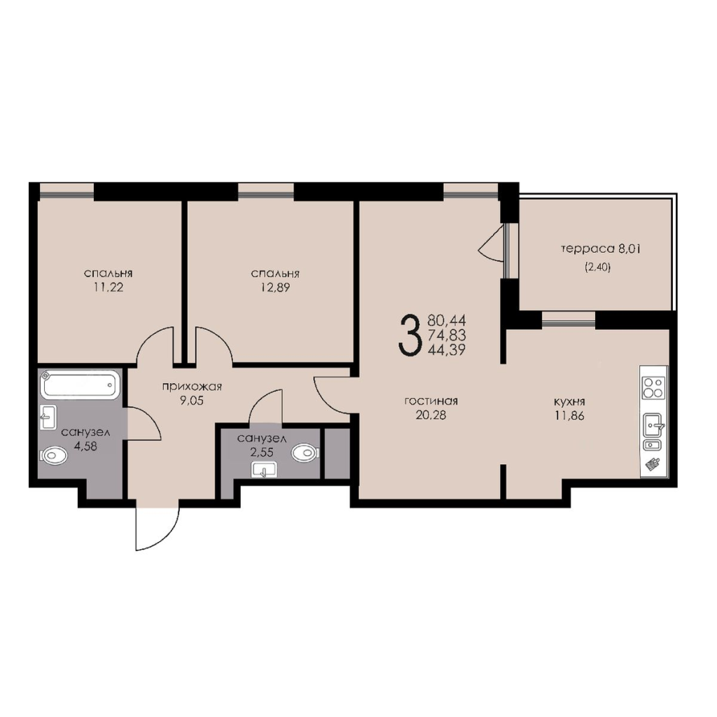 3-комнатная (Евро) квартира, 74.69 м² в ЖК "Рощино Residence" - планировка, фото №1