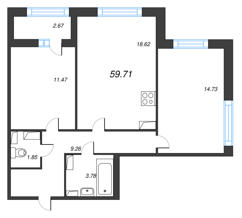 3-комнатная (Евро) квартира, 59.71 м² в ЖК "Б15" - планировка, фото №1