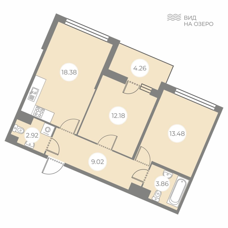 3-комнатная (Евро) квартира, 61.97 м² - планировка, фото №1