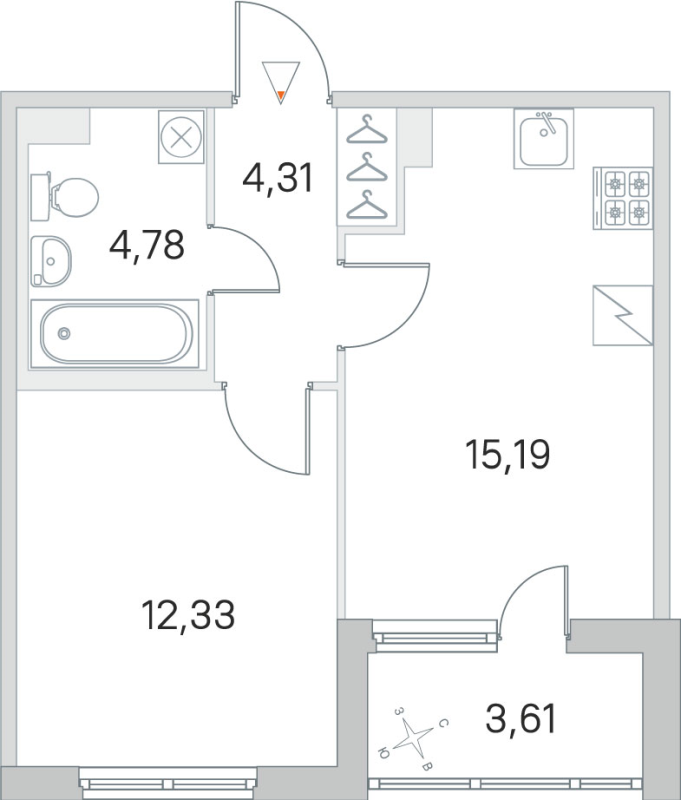 2-комнатная (Евро) квартира, 36.61 м² - планировка, фото №1
