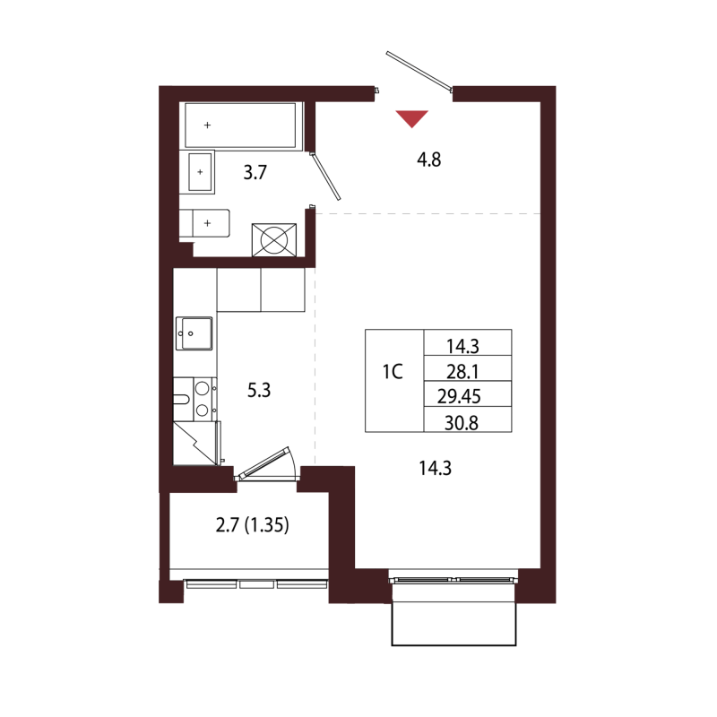 Квартира-студия, 29.45 м² в ЖК "Лисино" - планировка, фото №1