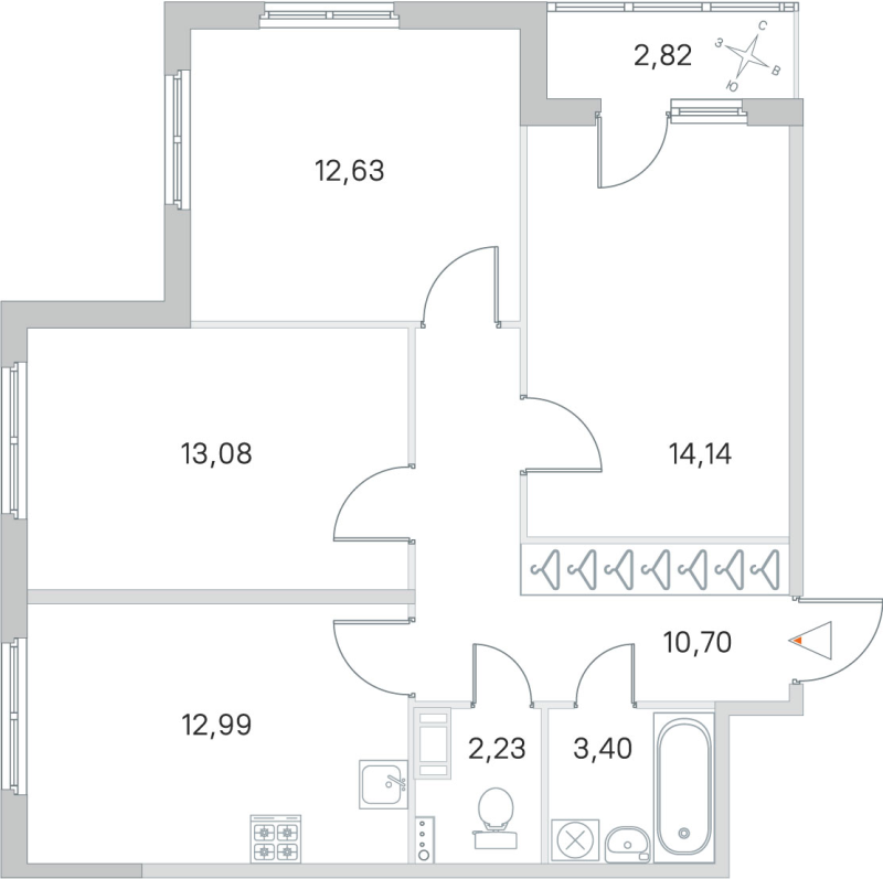 3-комнатная квартира, 69.17 м² - планировка, фото №1