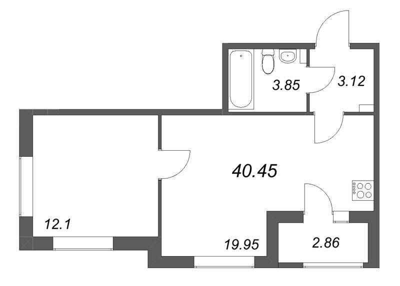 2-комнатная (Евро) квартира, 40.45 м² в ЖК "Гранат" - планировка, фото №1