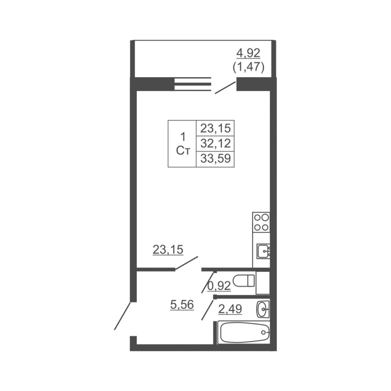 Квартира-студия, 33.59 м² в ЖК "Тандем" - планировка, фото №1