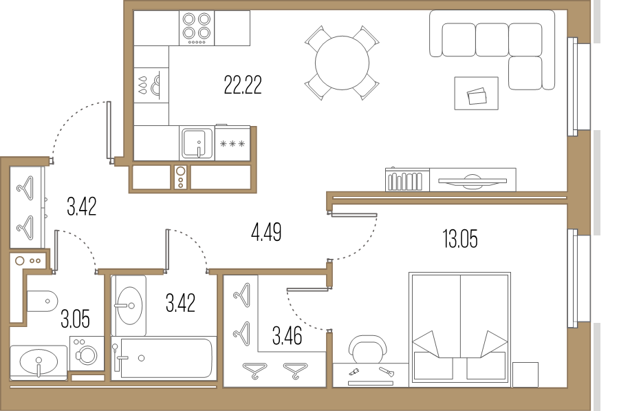2-комнатная (Евро) квартира, 53.94 м² в ЖК "Большой Сампсониевский, 32" - планировка, фото №1