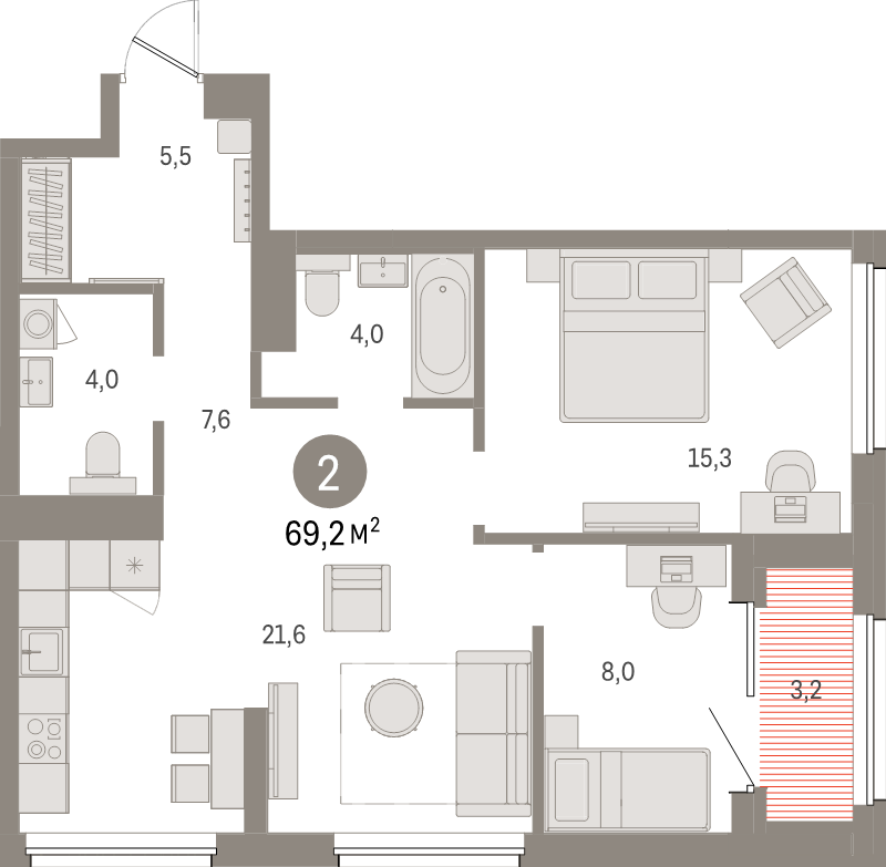 3-комнатная (Евро) квартира, 69.2 м² в ЖК "Северный ветер" - планировка, фото №1