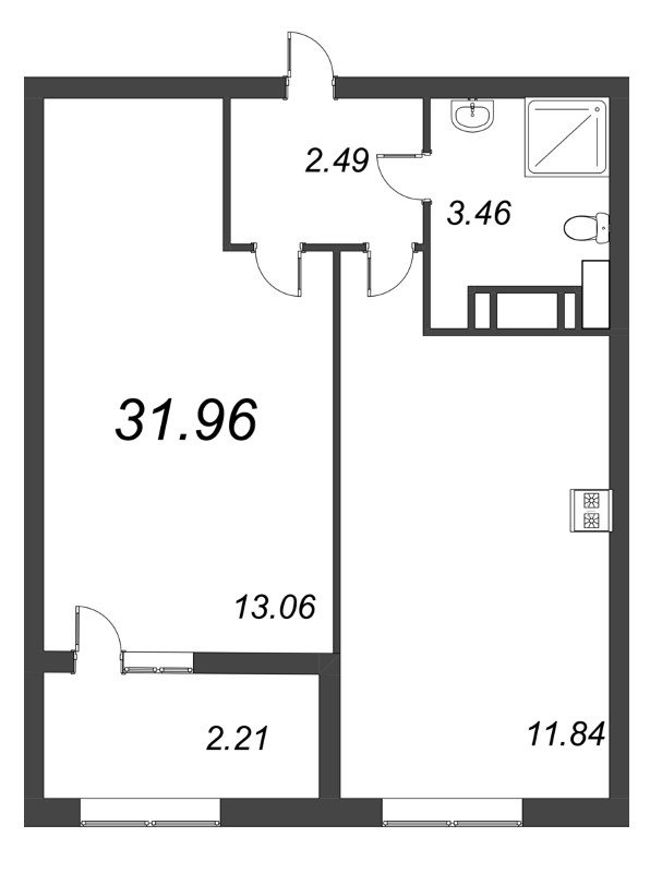 1-комнатная квартира, 31.96 м² - планировка, фото №1