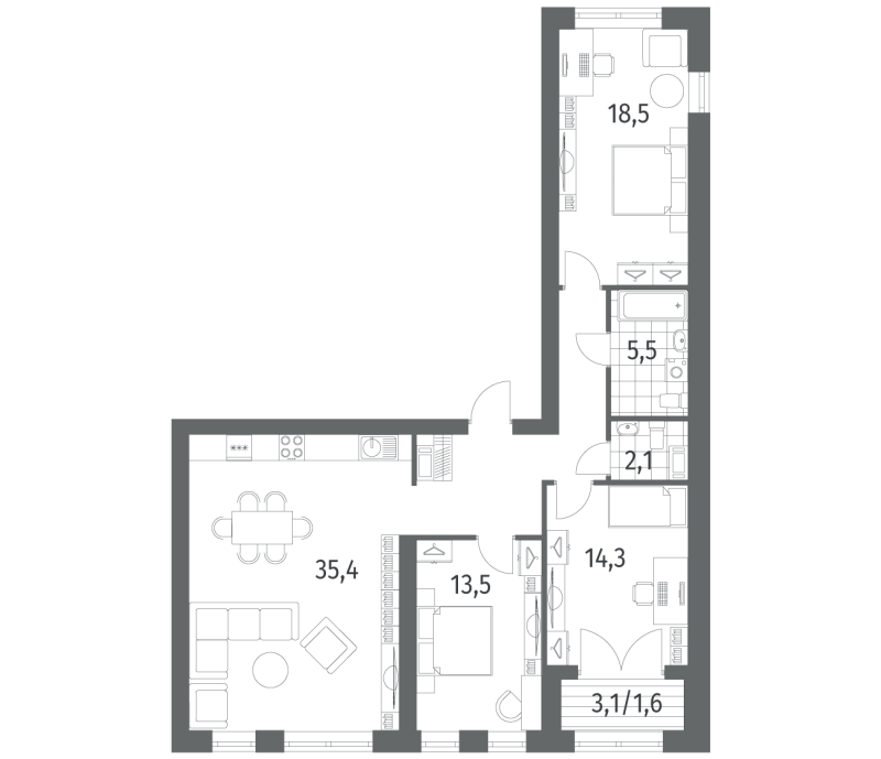 4-комнатная (Евро) квартира, 104.5 м² - планировка, фото №1